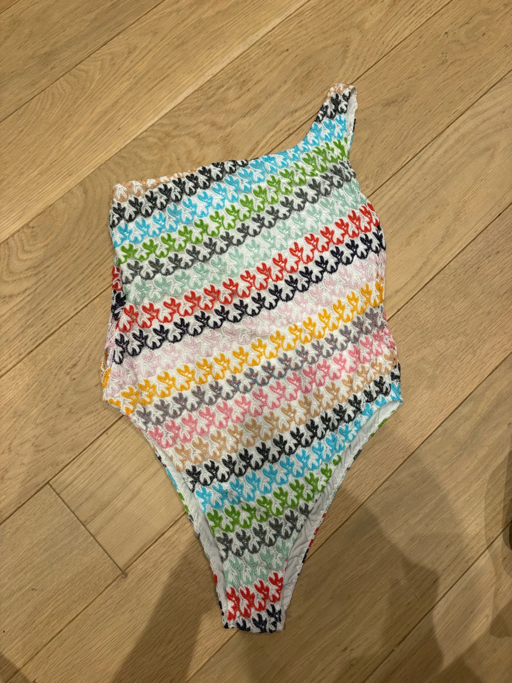 Missoni Multicolor Crochet One Shoulder One Piece Bathing Suit